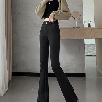 Calças Flare Pretas para Mulheres, Novo Estilo Outono e Inverno, Slim Fit Petite, Calças Flare Casuais de Cintura Alta Drapeadas