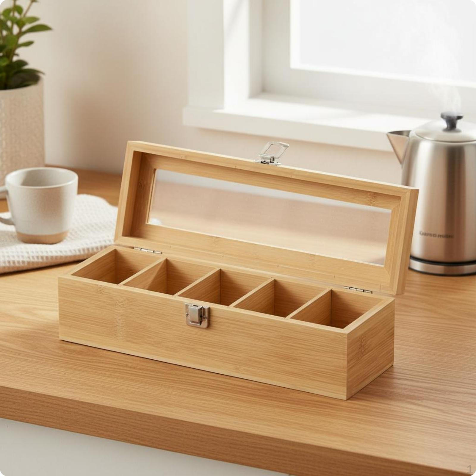 Acrylic Lid Box Divided Compartments Tea Storage Hinged Cover for Desktop, Dresser Top, Vanity
