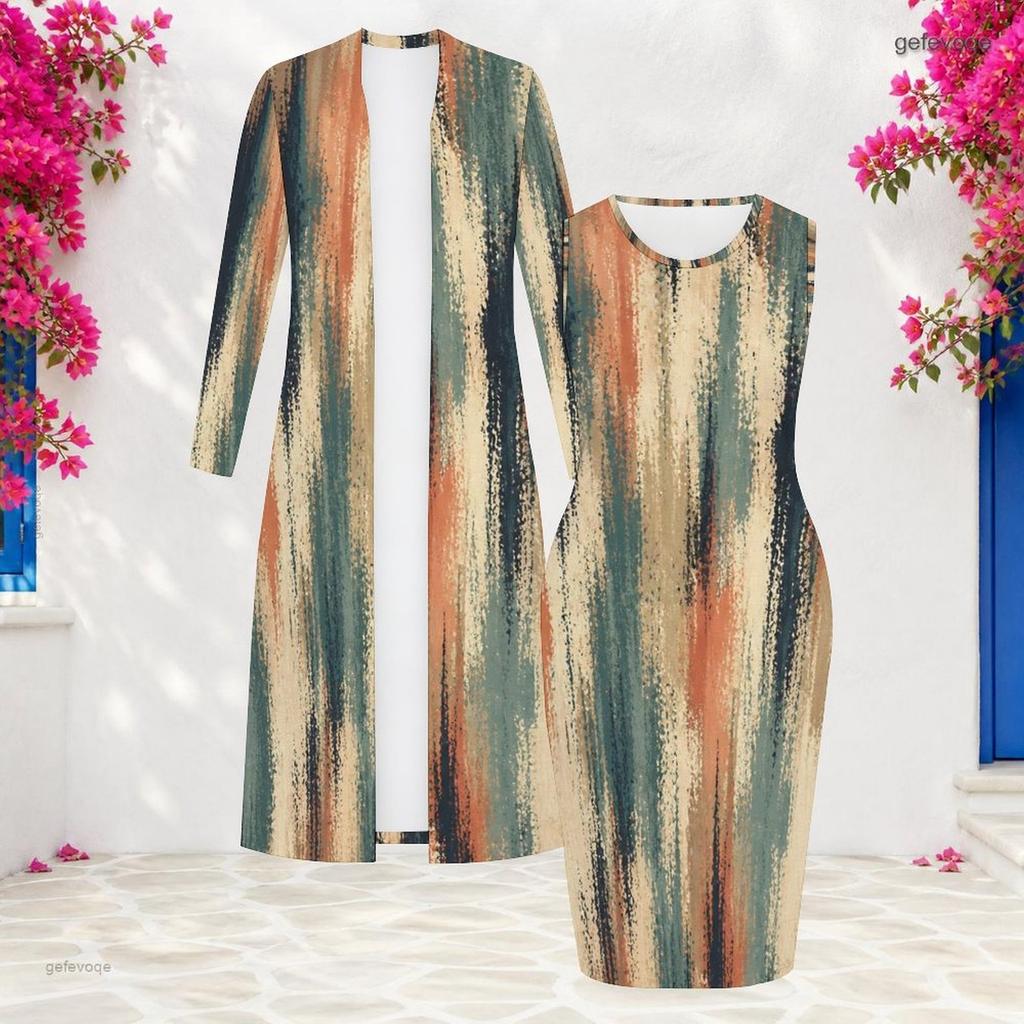 Women Plus Size Printed Two Piece Set Long Sleeve Open Front Cardigan Sleeveless Bodycon Dress