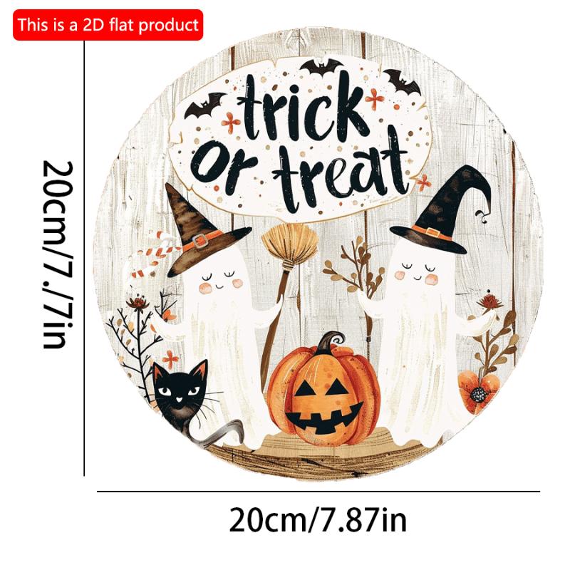 2d Flat 20*20cm, Halloween Home Decoration, Halloween Pumpkin, Black Cat and Ghost, "trick or Treat" Wooden Circular Logo, for Home, Garden, Kitchen