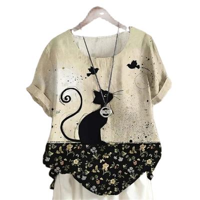 Beige Cartoon Katze Lustige Y2k Mode Frauen Basic T-Shirt Eleganz Vintage Elegante Casual Langarm Damen Bequem