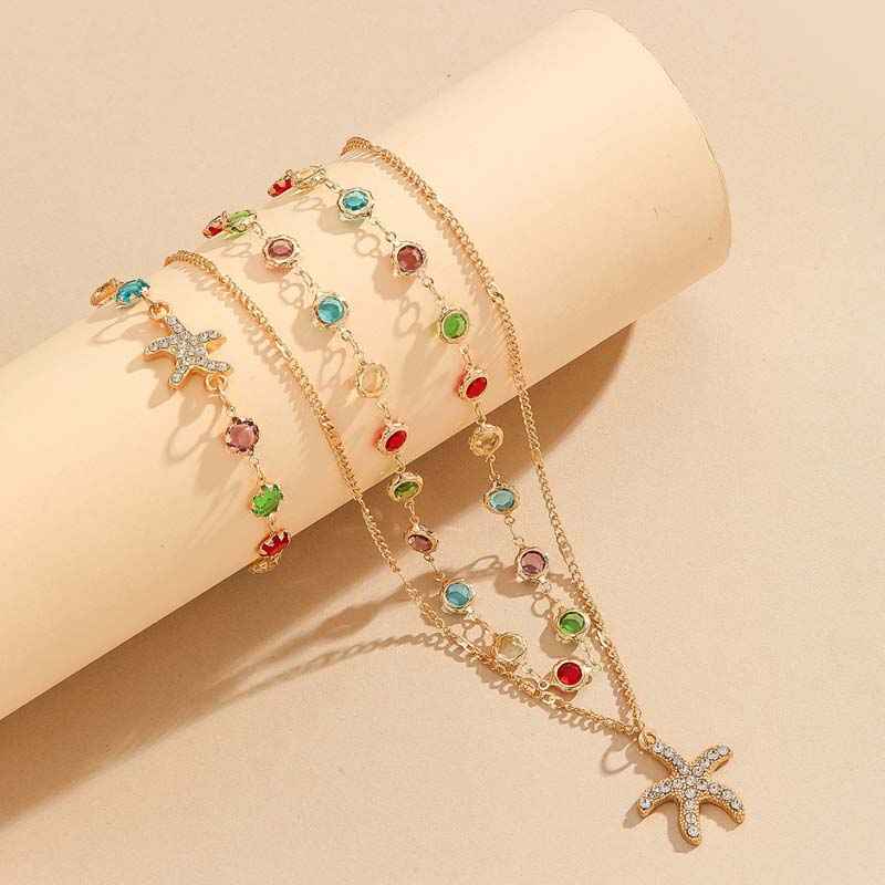 Fashion Colorful Zircon Starfish Pendant Necklace Bracelet for Women Luxury Gold Color Crystal Temperament Choker Zircon Gifts