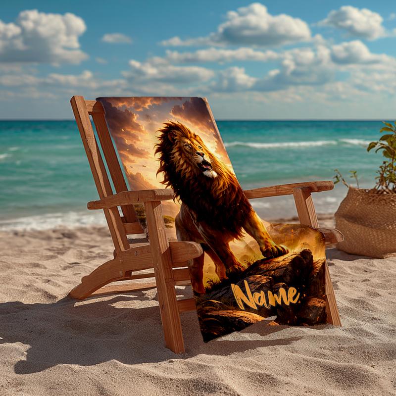 Custom Name Ultra-Soft Beach Towel with Lion Theme,Ideal for Pool - Camping, Diving - Perfect Travel Essential, Vibrant Beach Towel.