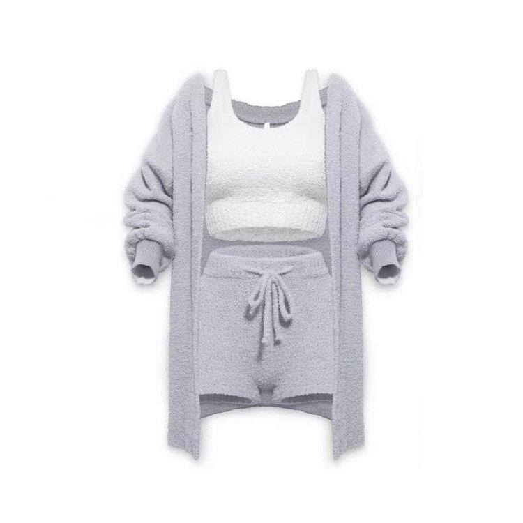 2026 Autumn/Winter Knit Plush Long-Sleeve Jacket, Vest, Shorts, and Three-Piece Set