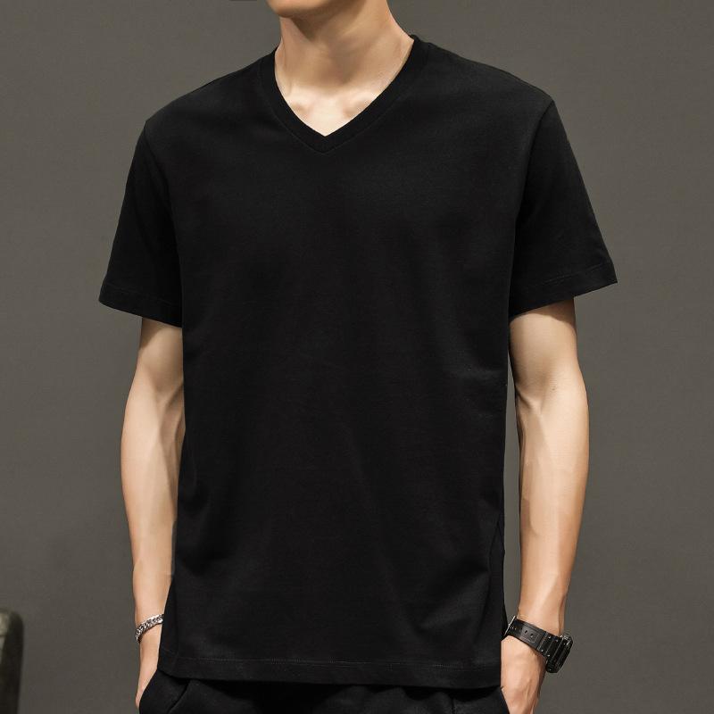 Men's Clothing Elastic Mens T-Shirt V-Neck Short-Sleeved High Qualtity Cotton Solid Leisure White Gray Bottoming Shirt Tops