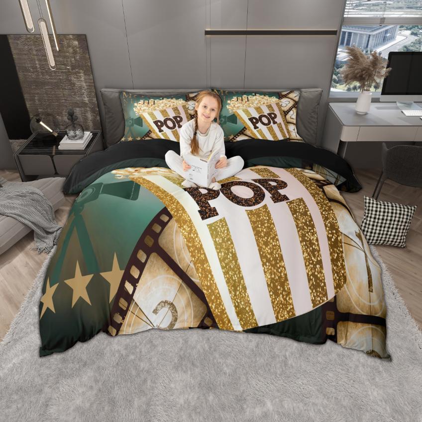 Homewish Vintage Movie Theatre Duvet Cover Set 2Pcs/3Pcs Retro Cinema Popcorn Bedding Film Theme Quilt Cover Set