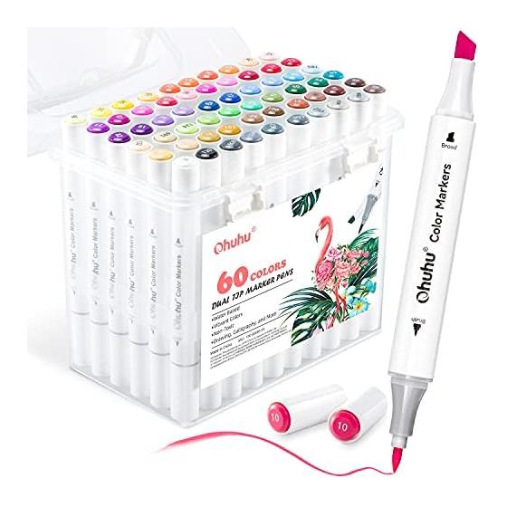 Ohuhu Water-based Marker Art Marker Pen, 59 Colors, 60 Pieces Marker Pen, Illustration Marker, Brush Tip, Watercolor Pen, Water-based Ink, Vivid