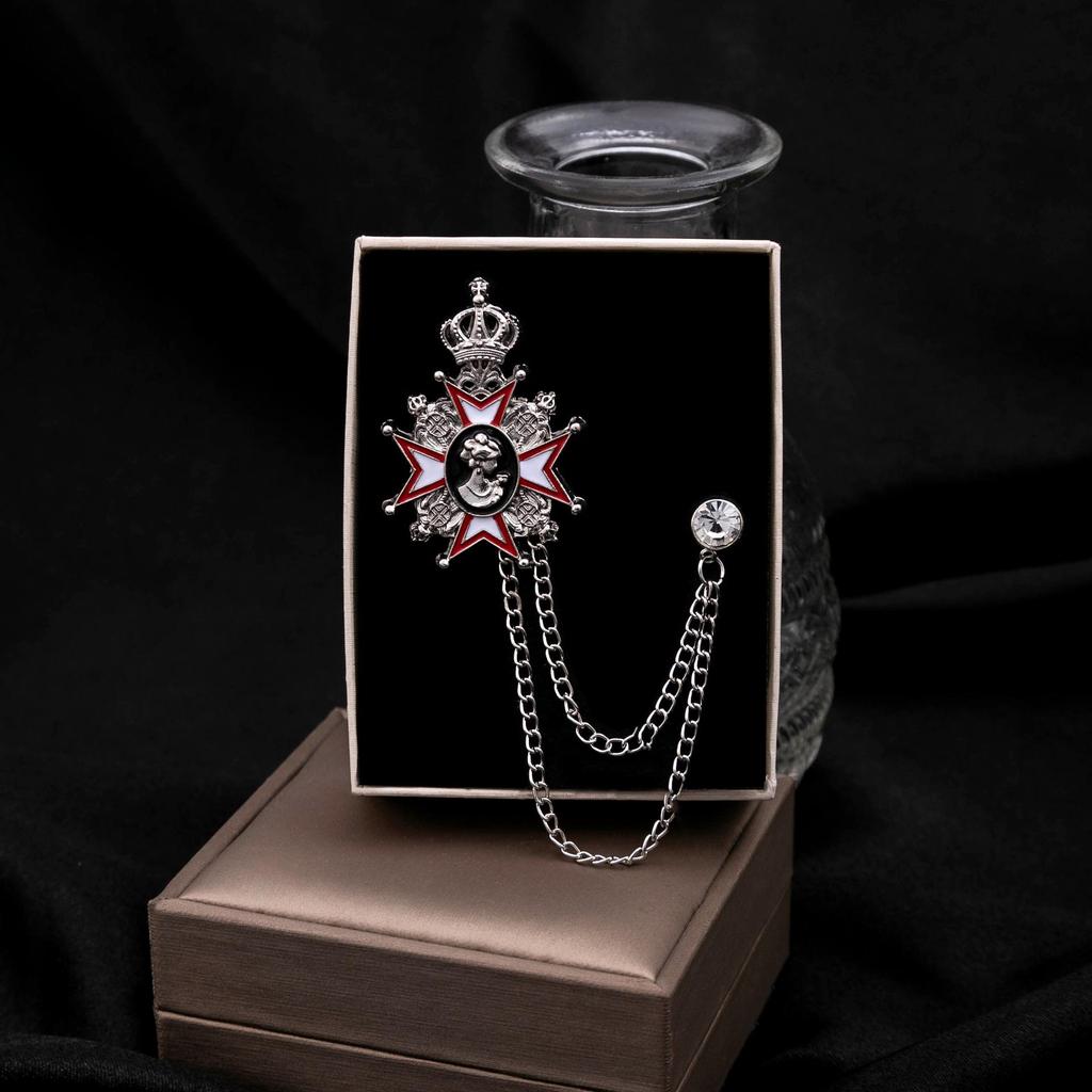 Men's Double-Layer Tassel Chain Crown Brooch with Rhinestones