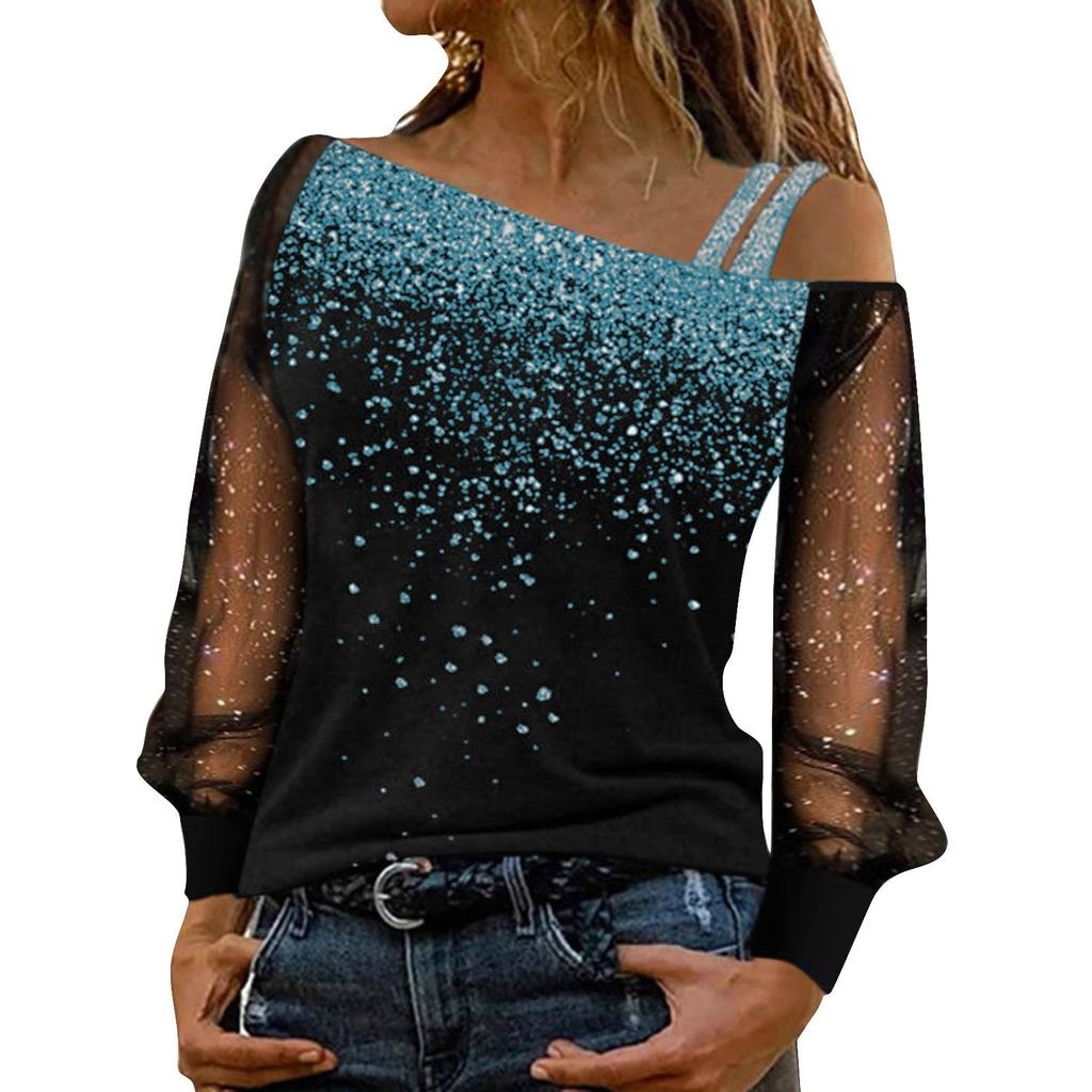 Cold Shoulder Splicing Printed Top Loose One-Shoulder Sequined Mesh T-Shirt Casual Sleeve Long Top Strapless Top