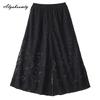 Modă Coreeană Mărimi Mari Primăvară Vară Femei Pantaloni Largi Talie Elastică Imprimeu Trandafiri Plasă Largi Capri Casual Lejeri Dantelă Neagră