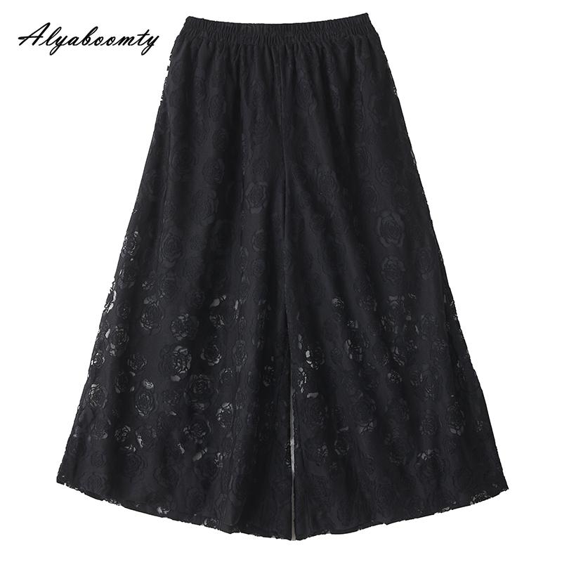 Korean Fashion Plus Size Spring Summer Women Wide Leg Pants Elastic Waist Rose Print Mesh Baggy Capris Casual Loose Black Lace Trousers
