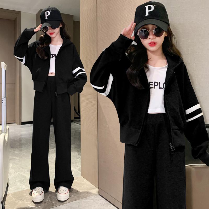 Girls' Spring Hooded Suit with Hoodie and Wide-leg Pants