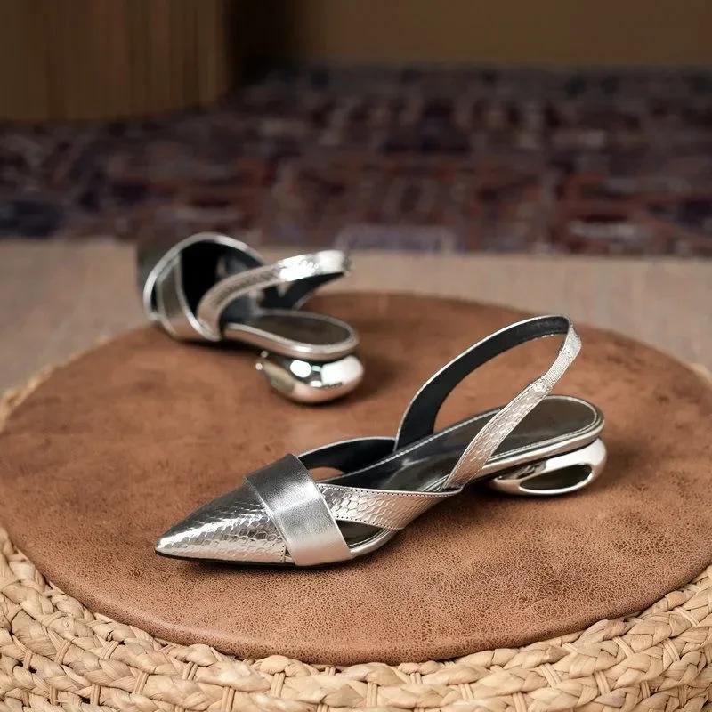Fashion Women Sandals Luxury Designer Slingback Shoes Woman Pointed Toe Heels Golden Silver Red Pumps Block Heel Sandalias Femininas
