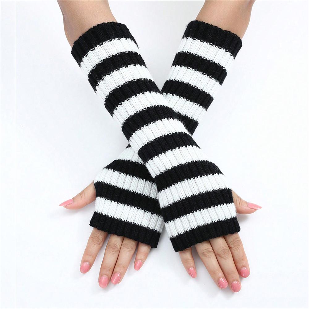 A Pair Women's Fashionable Striped Fingerless Mittens Girls Long Knit Gloves for Warmth Winter Glove