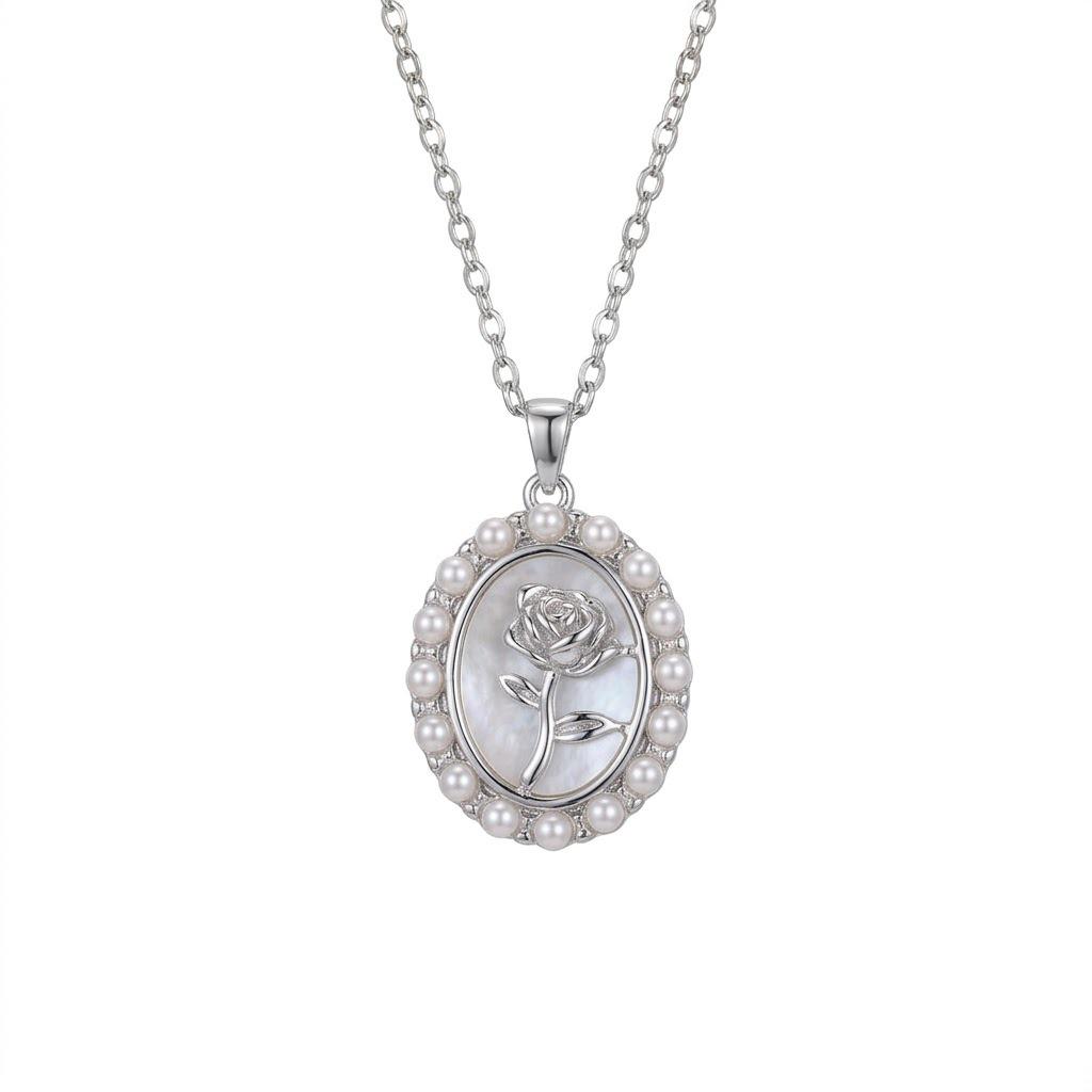 Elegant French Retro Rose Gold Coin Pendant Necklace with Pearlescent White Shell and Freshwater Pearls