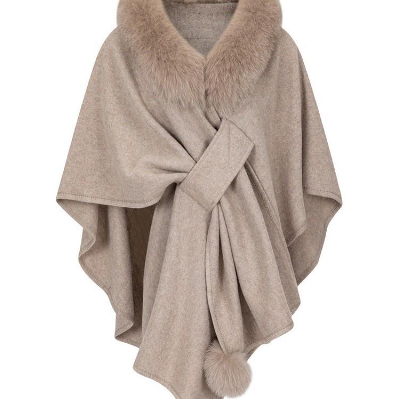 Womens Oversized Knit Cardigan Shawl Cape With Faux Fur Trim Elegant Lady Style Winter