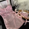 Sensual Transparent Lace Splicing Lingerie With Thong And Thin Sleepwear Bow Backless Skirt Set Underwear