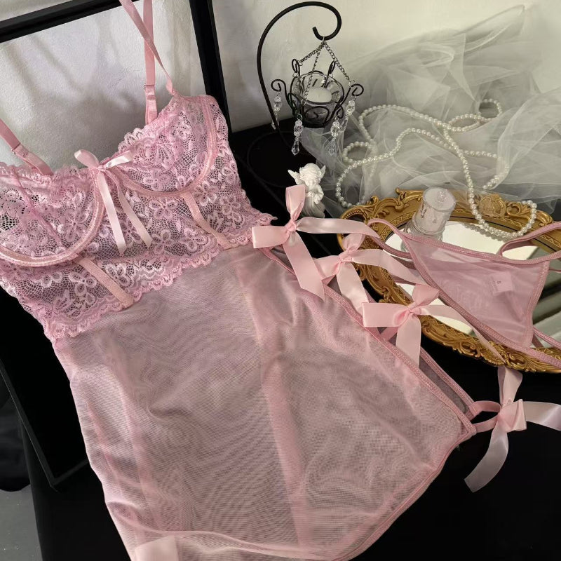 Sensual Transparent Lace Splicing Lingerie With Thong And Thin Sleepwear Bow Backless Skirt Set Underwear
