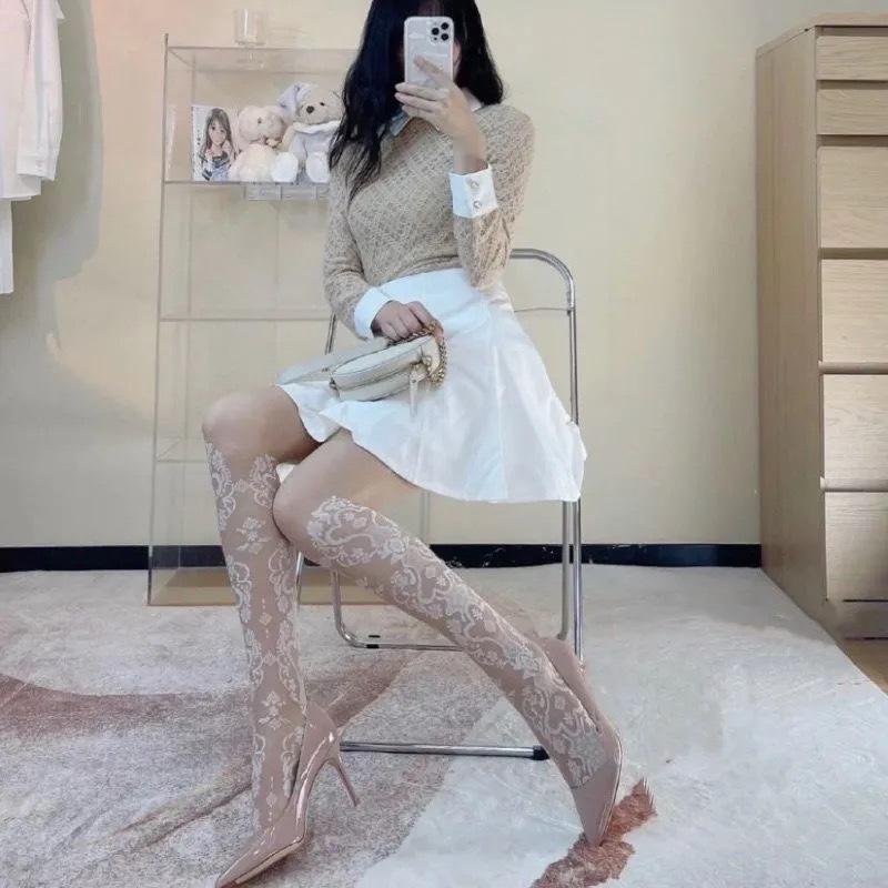 High-End Silver Silk Gray Stockings Gray-Tie Bright Silk Rhombus Cross-Striped Shiny Black Stockings Skin-Penetrating Pantyhose