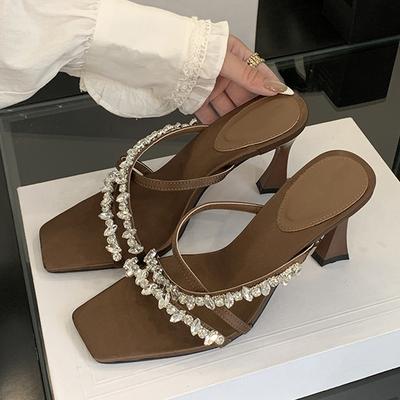 Fashion Liyke Street Style Crystal Rhinestone Silk Women Slippers Sandals Fashion Open Toe Thin High Heels Stripper Party Slides Shoes
