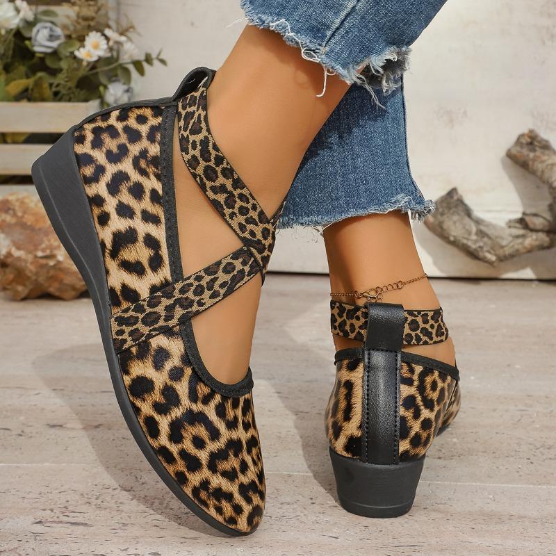 Women's Wedge Single Fashion Round Toe Shallow Mouth Leopard Print Cross Strap Soft Sole Non-Slip Low Top Shoes