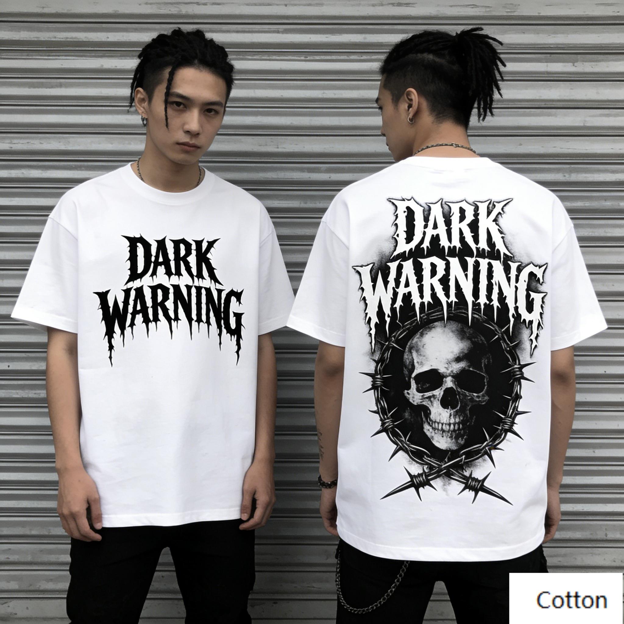 Punk Rebel DARK WARNING Graphic TShirt Flaming Gun Skull Print Pure Cotton Tee Dark Streetwear Style Unisex Top S