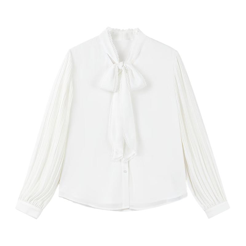 Women s Elegant Ribbon Tie Pleated Sleeve Commuter Shirt M