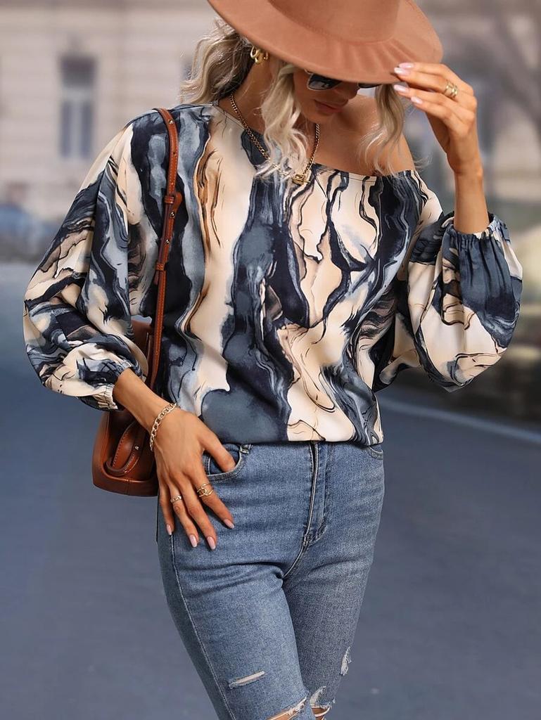 1116 Europäische und amerikanische Damenbekleidung Sommer neue Mode bemaltes One-Shoulder-Oberteil mit lockeren Laternenärmeln Damen