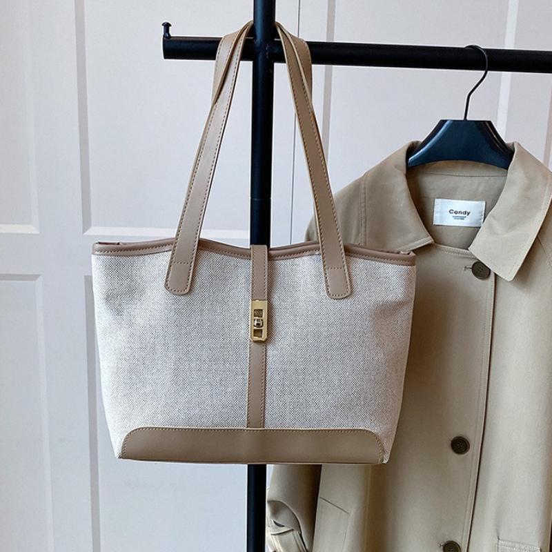 Minimalist Large Capacity Canvas Tote Bag with Brown Faux Leather Gold Turn Lock Detail Spacious Shoulder Purse for Daily Use