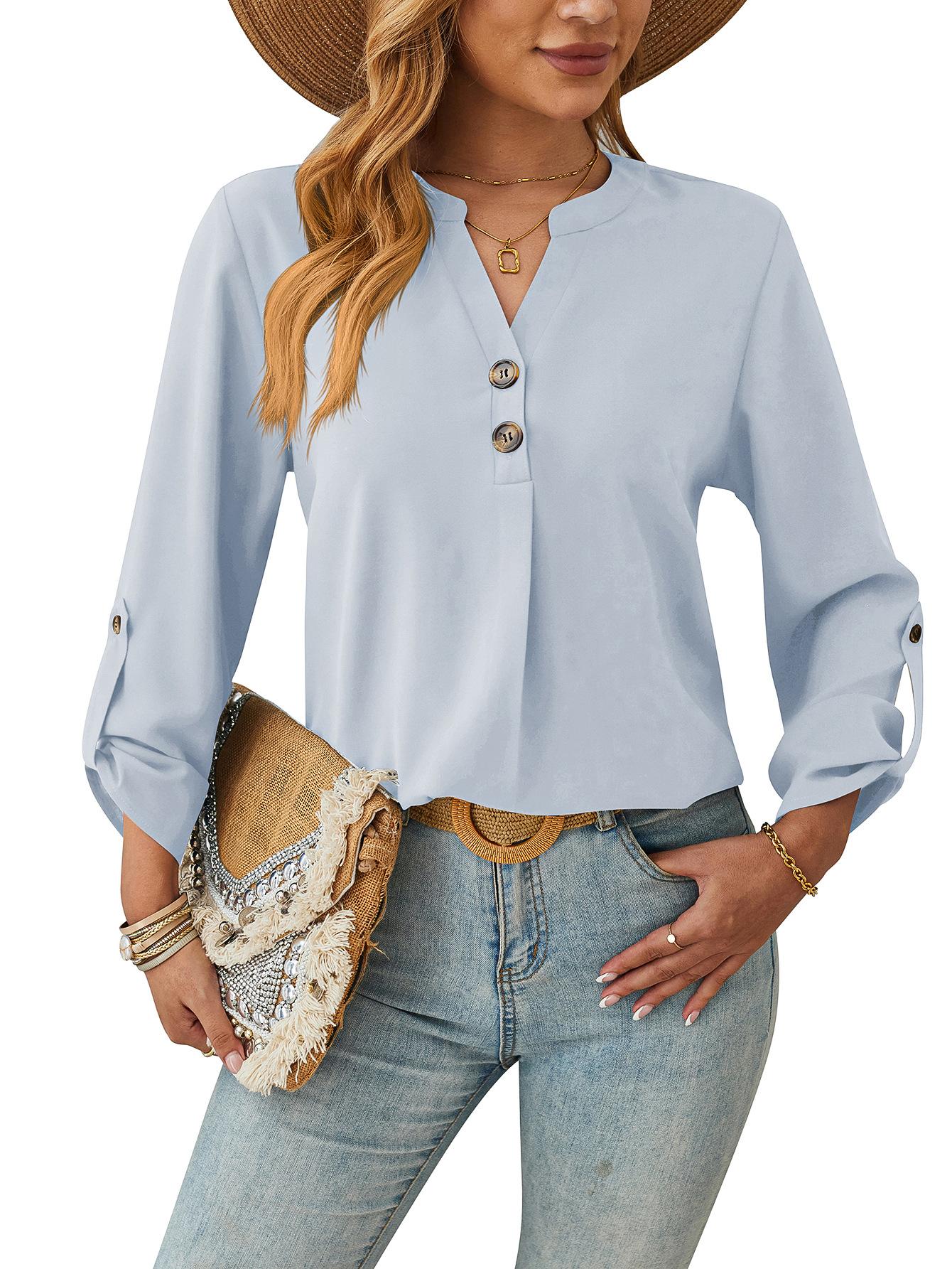 

Женская блузка весна-осень однотонная рубашка с V-образным вырезом удобная дышащая повседневная рубашка с длинными рукавами XXL небесно-голубой