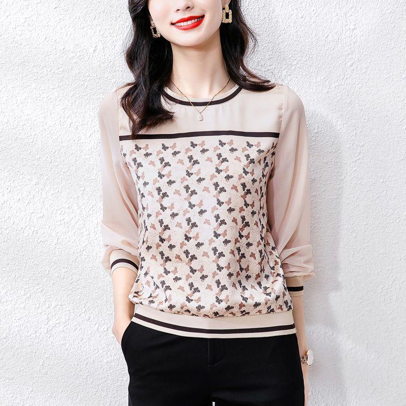 Vintage Butterfly Printed Spliced T-shirt Spring Autumn Long Sleeve Commute Female Clothing Round Neck Korean Loose Pullovers