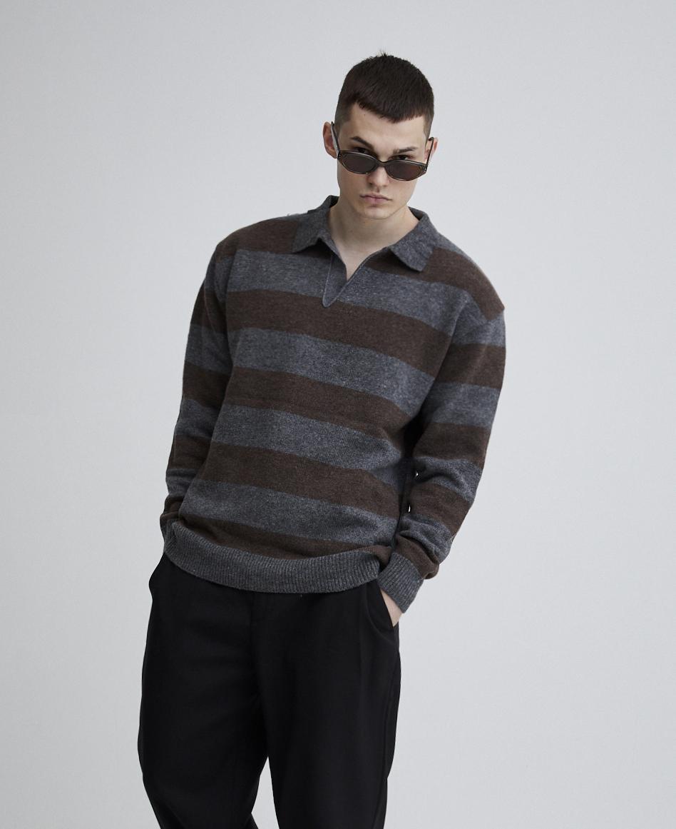 Audio Knit Muscle Fit Rugby Polo Knit (Charcoal Brown) Grey/Xl