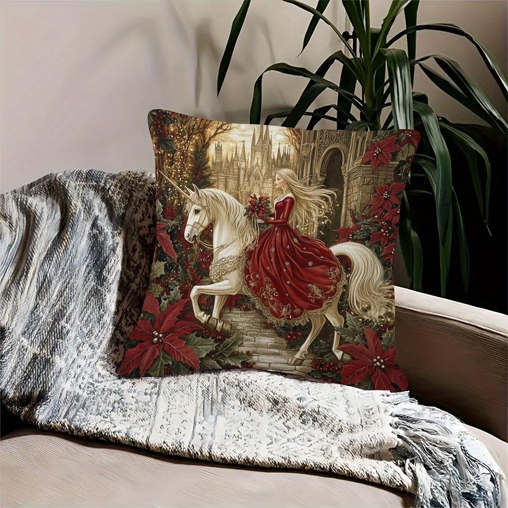 Vintage Christmas Unicorn & Princess Throw Pillow Cover, Fantasy Castle Poinsettia Art Print Decorative Cushion For Sofa Couch