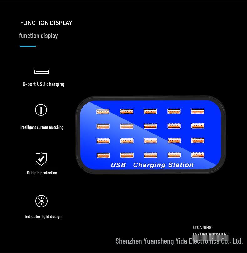 100W 20-Port USB Charger, High-Power 5V/2A Multi-Port Charging Station