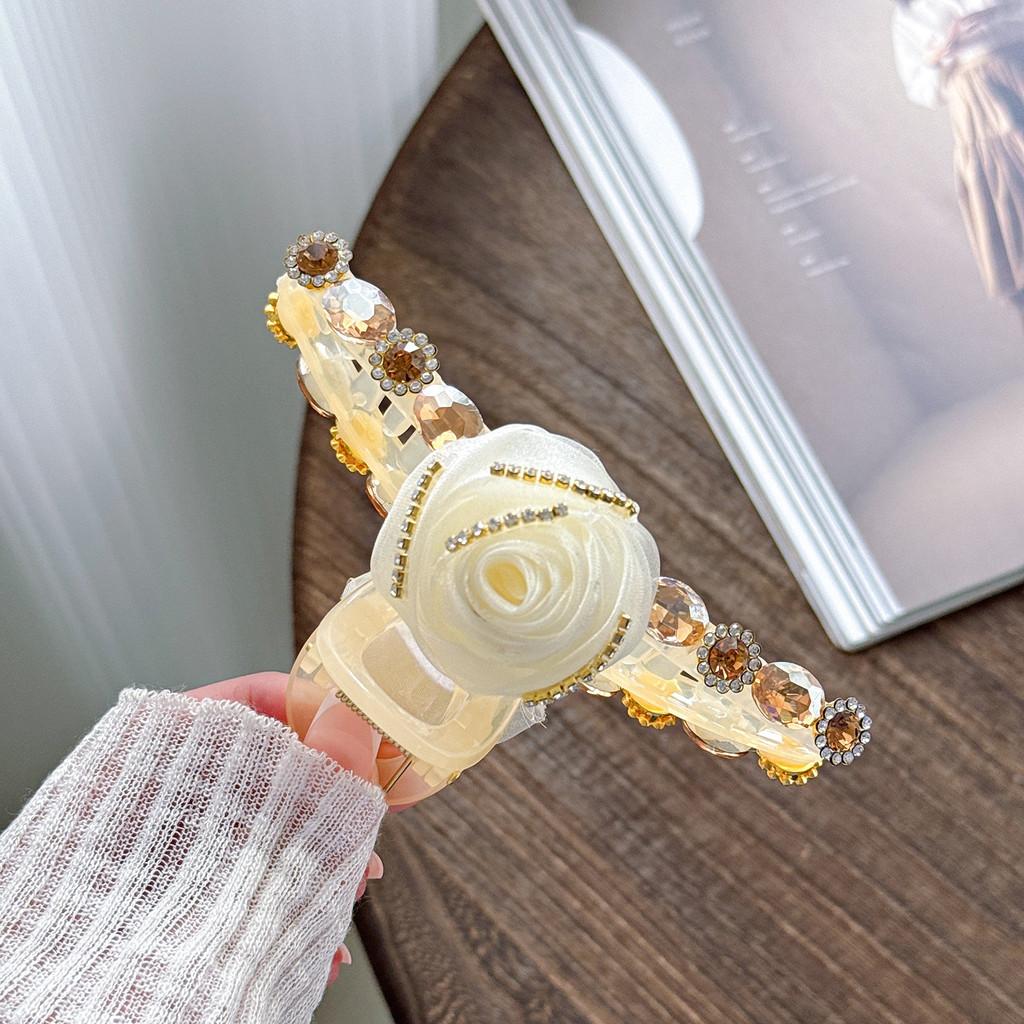 High-end Crystal Adorned Hair Claw Featuring Timeless Camellia Flower Design Beige12.8cm