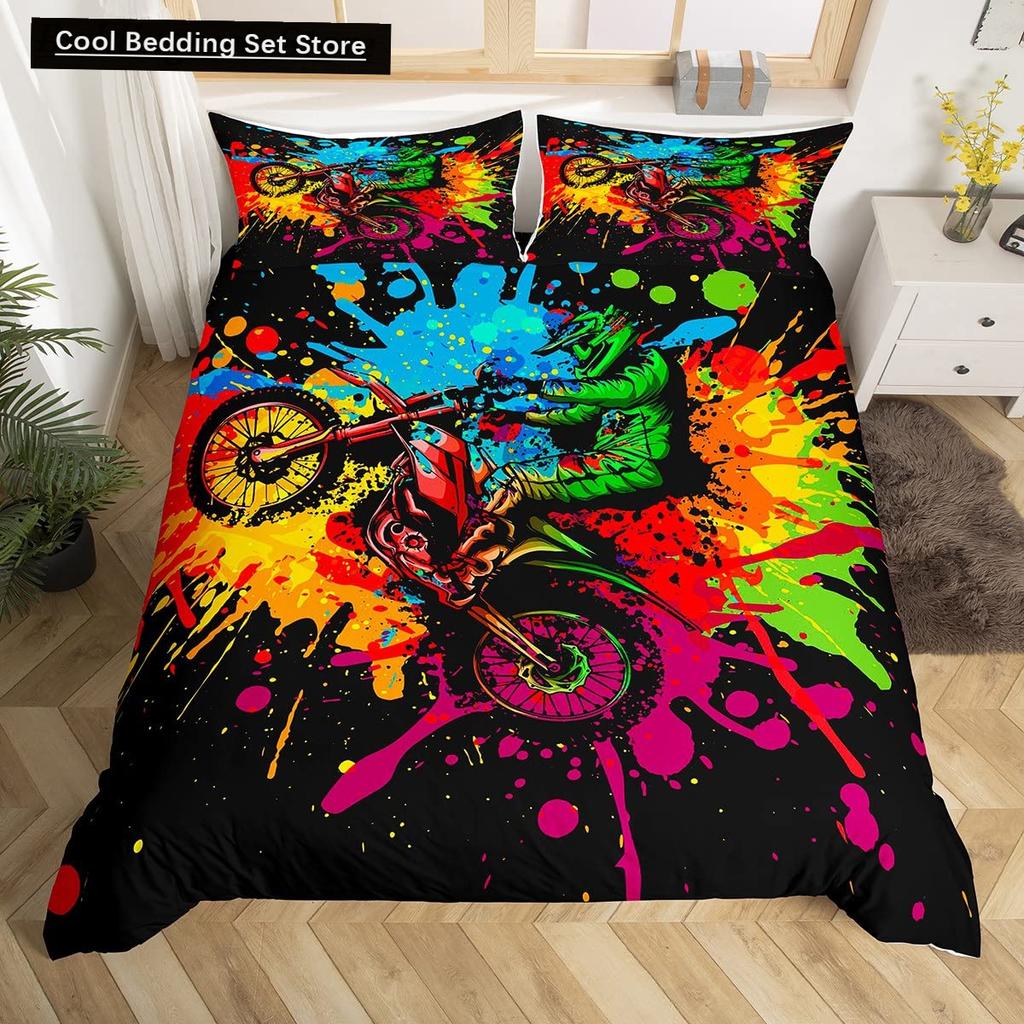 Dirt Bike King Queen Duvet Cover Motocross Sports Bedding Set Motorcycle Quilt Cover Youth Cool Black White Soft Comforter Cover