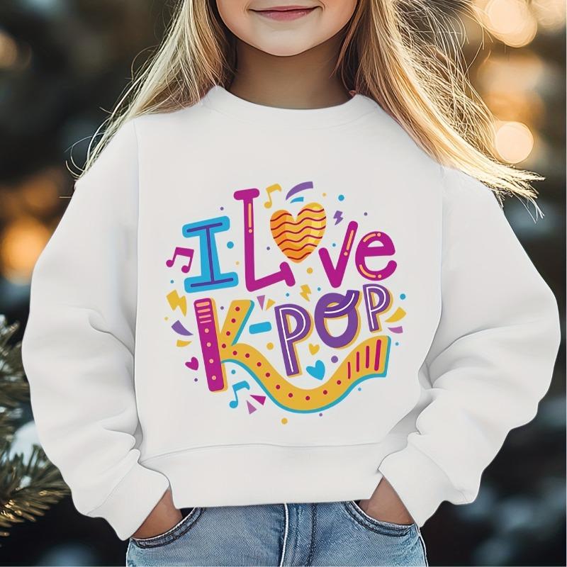 Kids Crewneck Long Sleeve Sweatshirt, Trendy Cute I Love K-POP Music Theme Cartoon Print