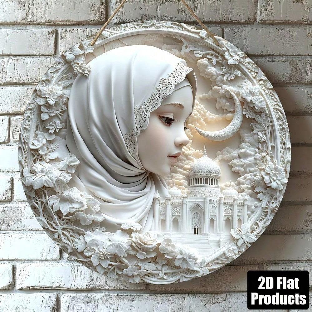 Metal Wall Art Poster Ramadan Girl 2D Round 8x8 Inch Home Decor