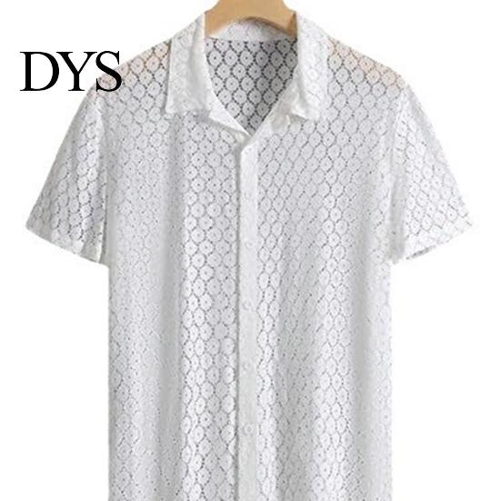 Loose Men Shirt Summer Hollow See-through Lace Flower Pattern Turn-down Collar Design Short Sleeves Single-breasted Mid Length Cardigan Vacation Beach