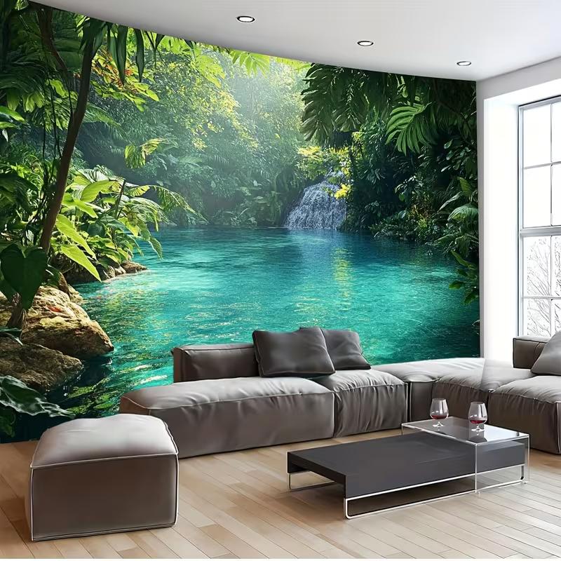 2D Lush Rainforest Waterfall Wall Tapestry Tropical Nature Background Cloth for Home
