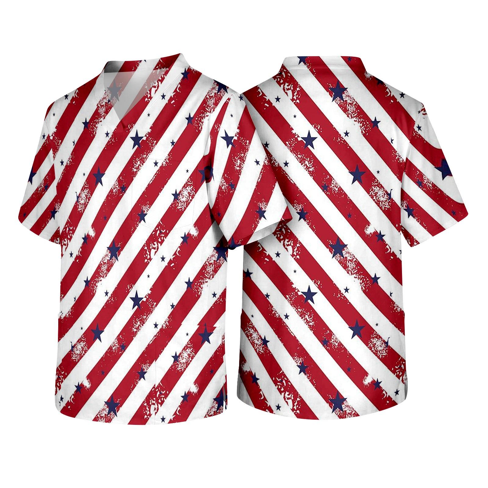 

Men s V Neck Short Sleeve Work Scrub Top with Front Chest Pocket and Distressed Flag Print Suitable for Healthcare Professionals XXL білий