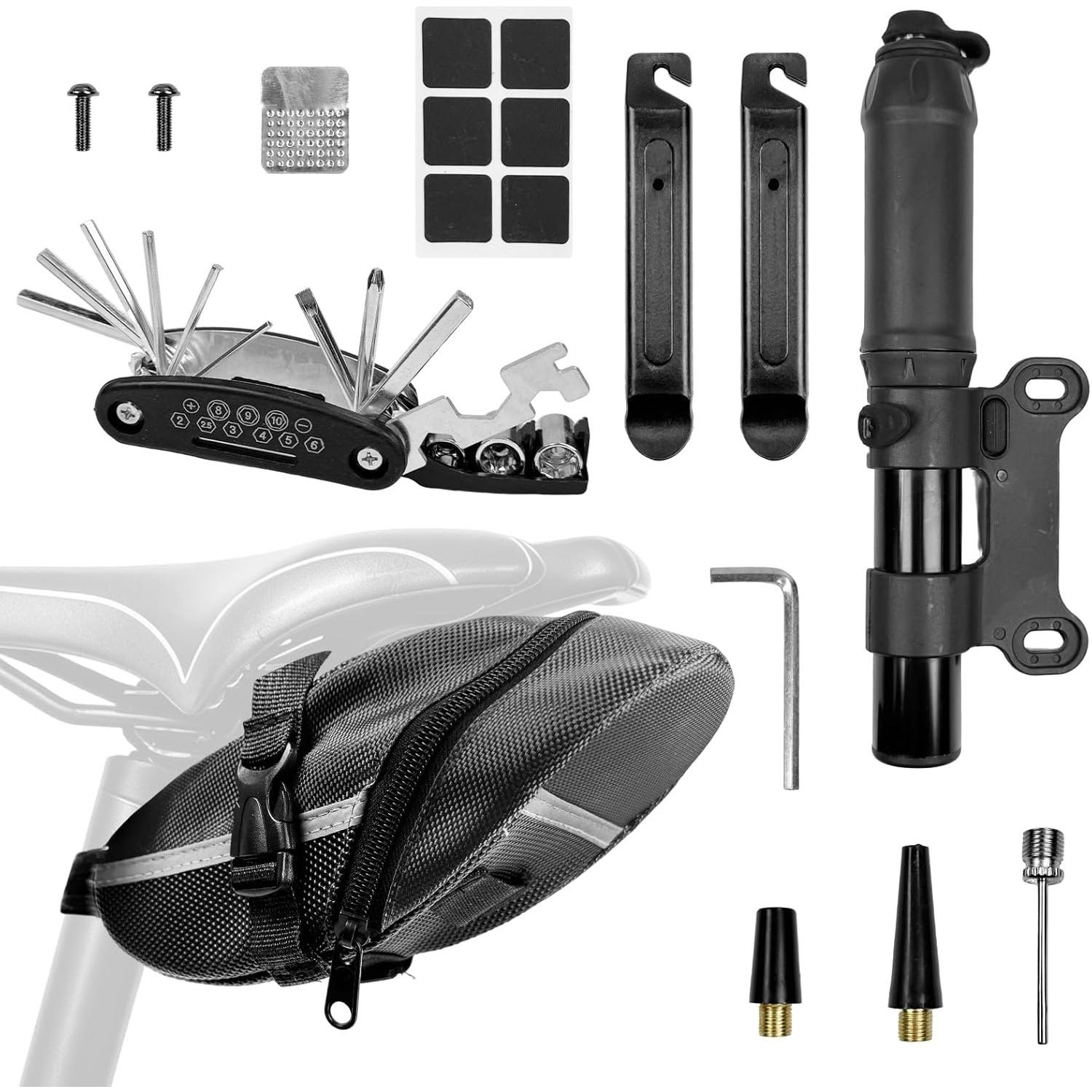Bicycle Seat Bag Water Proof with Bike Tool Kit, Bike Repair Kit with Bike Tire Pump Bicycle Repair Bag Portable Wrenches Glueless Tire Patchs 15 in 1 чёрный