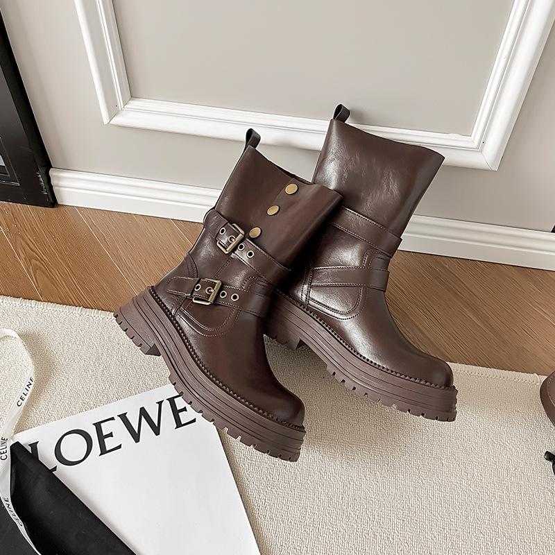 

Wow~ thick-soled Maillard mid-tube short boots for women s autumn and winter new retro British style slimming and heightening brown Martin boots 40