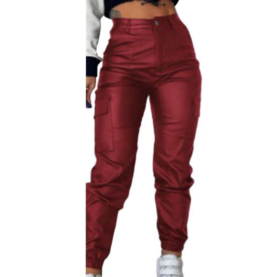 Damen-Jeans aus Kunstleder, glatt, weich, atmungsaktiv, hohe elastische Taille, Knöcheltaschen, Reißverschluss, Knopfverschluss, schmale Passform, Motorradhose
