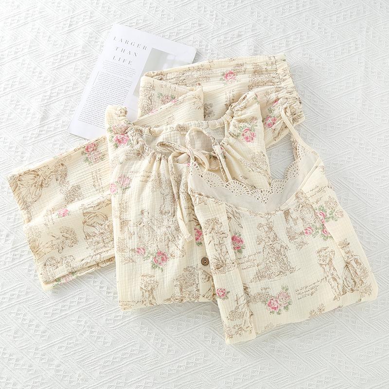 Frühling und Sommer Neues Damen-Pyjama-Set aus 100 % Baumwollkrepp, lange Ärmel + Hosenträger + Hose, dreiteiliger Spitzenanzug für Damen