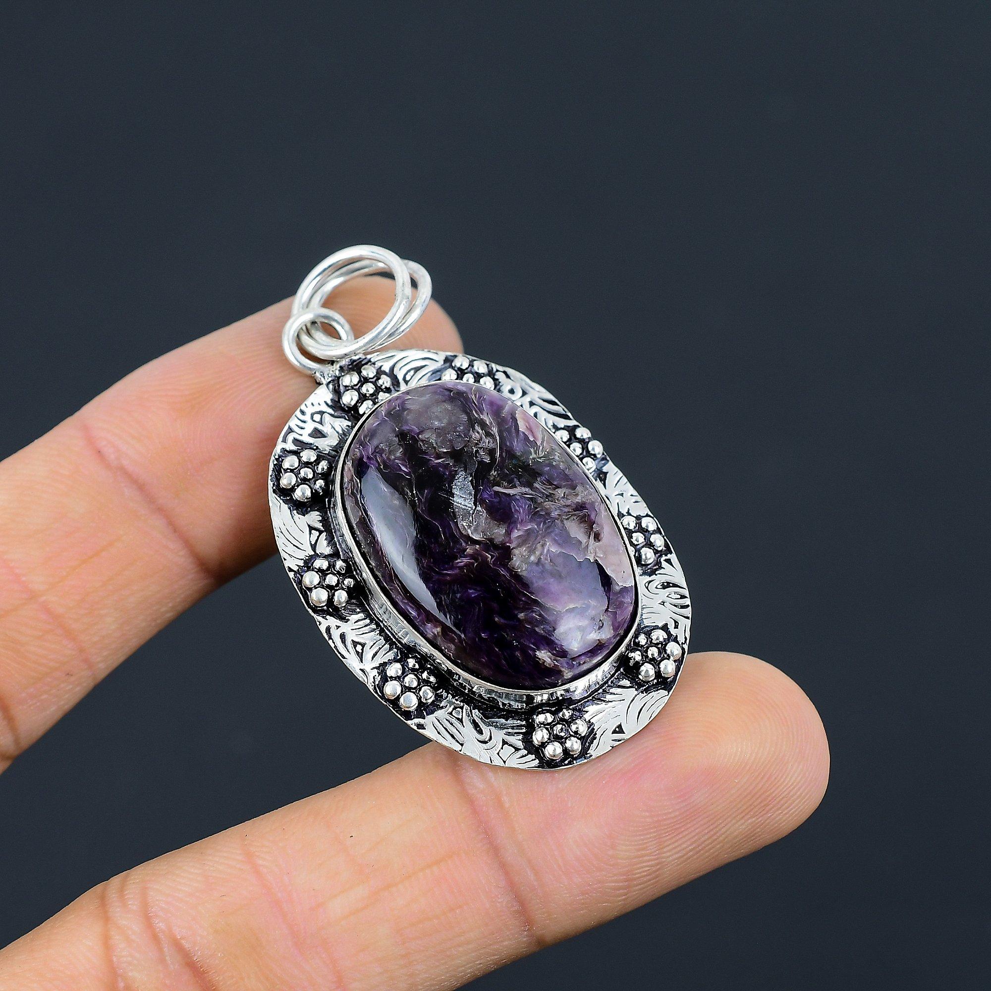 

Daughters Day Sale Charoite Stone 925 Sterling Silver Ethnic New Pendant Jewelry