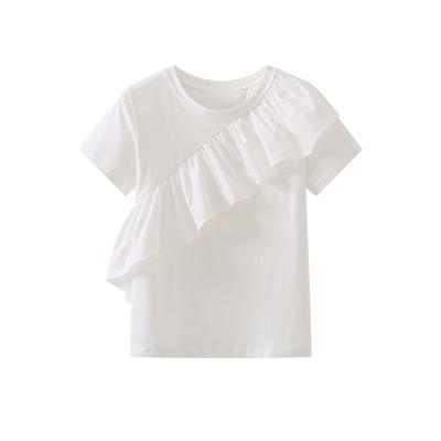 Koszulkka T-shirt z falbanką, krótki rękaw, damska, letnia moda, okrągły dekolt, falbanka, krótki rękaw, prosty, gładki kolor, luźna koszulka T-shirt