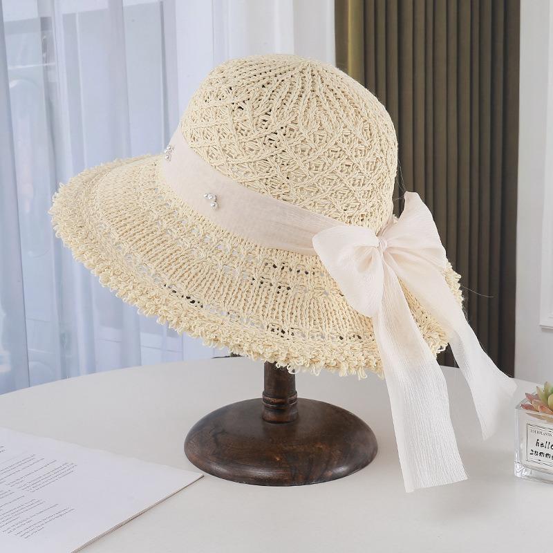 Hollow Woven Sun Hat Women'S Summer Sun Protection Big Brim Straw Hat Bow Pearl Decoration Beach Degree