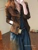 Women's Turn-Down Collar Brown Workwear Jacket, Petite Short Style, Early Autumn American Design