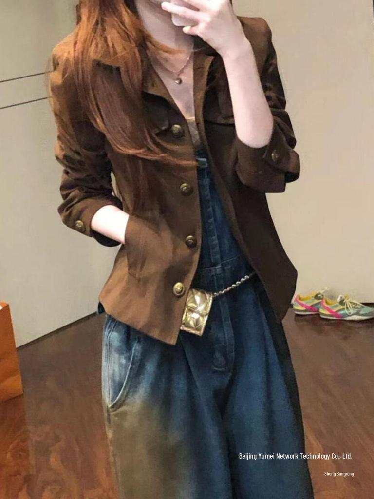 Women's Turn-Down Collar Brown Workwear Jacket, Petite Short Style, Early Autumn American Design